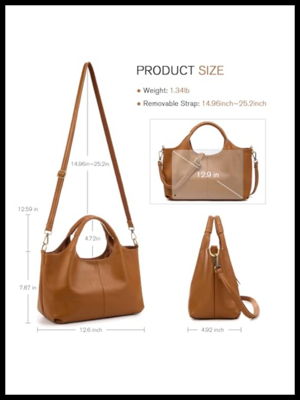 Genuine Leather Satchel Handbag with Detachable Strap, Top Handle Ladies Purse - Picture 3 of 5